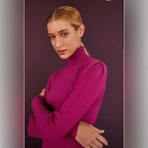 Farm Rio womens Puff Sleeve Turtleneck Sweater XL Pink Fitted Ribbed Knit $135